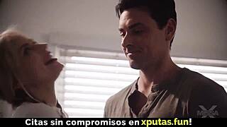 Blonde stepdaughter sneaks homemade blowjob and creampie fuck from father-in-law with Spanish subs.