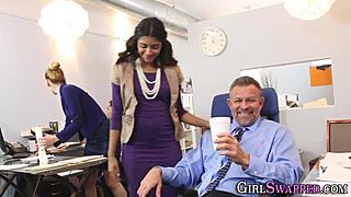 Office stepdaughters take facials in hardcore 4some at work!