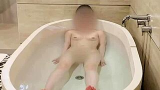 Japanese college student bathes skinny body softly.