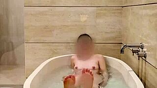 Japanese college student bathes skinny body softly.