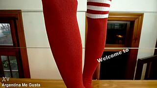 Blonde gym babe's tight spandex shorts hug cameltoe and big tits round ass