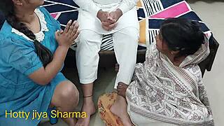Step mom guides step son using step sister's pussy properly.
