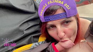 Curvy Brazilian redhead deepthroats cum in car flashing swollen pussy