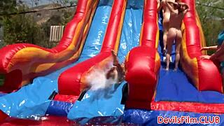 Wet Lesbians Strapon Fuck Outdoor Orgy Closeup!