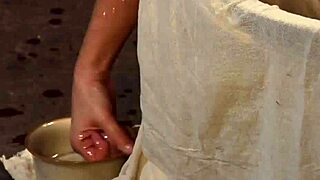 Blonde slave's perfect body kneels naked for mistress in bath