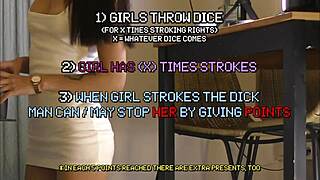 Two cute cheerleaders play dice game for double handjob on monster cock guy!