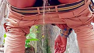 small hairy black cock pisses outdoor then indoor in public