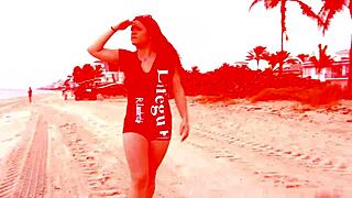 public beach lifeguard gives sloppy interracial facial on break with bbc