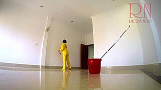 Naked panty-less maid tidies curvy in office