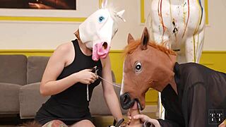 i wore horse mask as crazy 18+ bitch for their creampie threesome