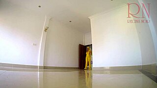 Naked panty-less maid tidies curvy in office