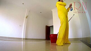 Naked panty-less maid tidies curvy in office
