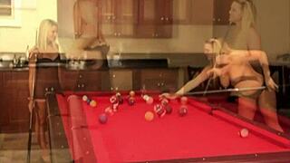 CUTE BABY LESBIANS LICK NATURAL TITS DILDO ORGASM ON BILLIARD TABLE!
