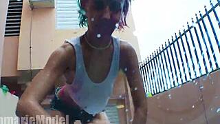 Check out this hairy latina flashing pussy and ass at carwash.