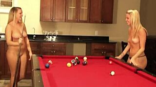 CUTE BABY LESBIANS LICK NATURAL TITS DILDO ORGASM ON BILLIARD TABLE!