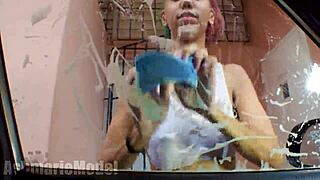 Check out this hairy latina flashing pussy and ass at carwash.