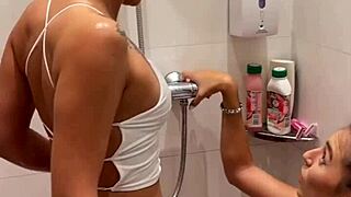 Lesbian shower turns sloppy double blowjob contest, huge facial cum swap pov