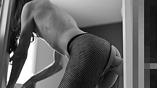 Huge dildo stretches ass wide standing up