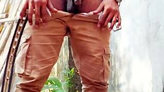 small hairy black cock pisses outdoor then indoor in public