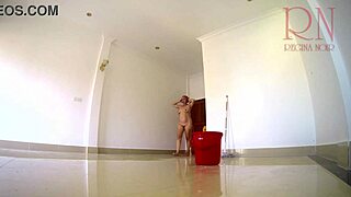 Naked panty-less maid tidies curvy in office