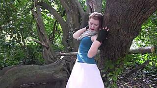 hey wife, masturbating your shaved pussy against that tree feels so naughty!