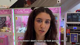 A couple plays a public game where winning means creampie footjob sex outdoors with pigtails