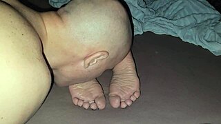 Stepmom's soles get licked clean before he unloads cum all over them