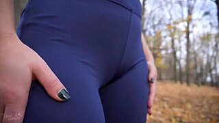 fat milf cameltoe bulges in tight yoga leggings teasing pussy outdoor