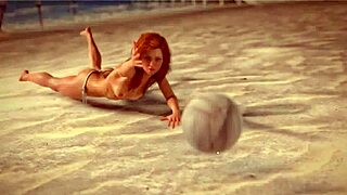 redhead beauty plays topless beach ball tease