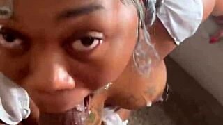 Super sloppy ebony deepthroat gagging on bbc balls cum facial