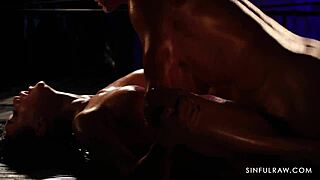 oiled milf's huge pussy lips licked roughly in sensual massage