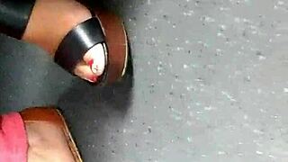 mature woman shows candid feet in wedges and sandals