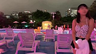 19-year-old busty japanese college girl night pool lotion close-up natural h-cup tits bounce wild