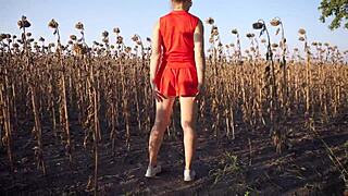 Hot milf flashes thong ass in miniskirt outdoors