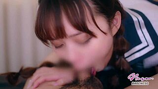 Cute Schoolgirl Tongue Piercing Deepthroats Cock to Gushing Cumshot