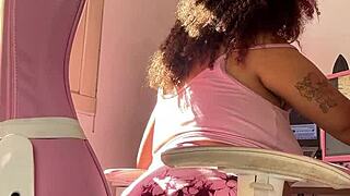 chubby latina bbw farts loud at her computer desk?