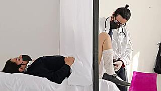 doctor bends latina patient over hospital exam table cock