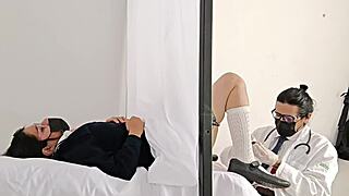 doctor bends latina patient over hospital exam table cock