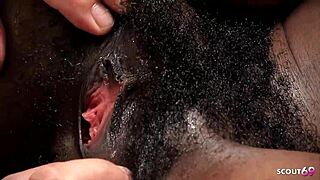 Skinny big bush ebony teen hairy pussy saggy tits gagging on white monster cock creampie