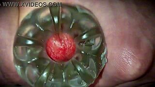 Neighbor's first-time solo toy play oozes cum close-up