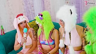 Tattooed Skinny Sluts Ride Dildos in Wild Lesbian Orgy