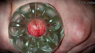 Neighbor's first-time solo toy play oozes cum close-up