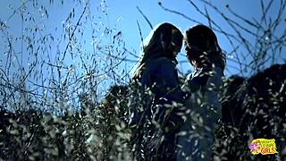 damn! naughty angels fuck sensually by woods tree!