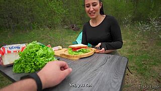 HUNGRY PONYTAIL TEEN SUCKS HUGE COCK OUTDOORS FOR CUM MOUTHFUL!