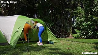 sexy camping threesome blows, rides, creampies cheating couple