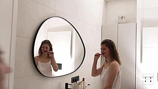 cute lesbian neighbors kiss finger and lick pussies in steamy morning shower orgasm 4k