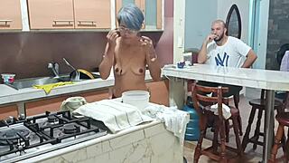 He slaps and fingers hot stepsis in kitchen before dirty fuck