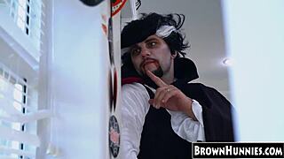 halloween treat for chocolate teen's petite pussy in heels