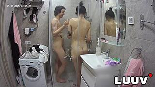 webcam couple flashes shaved pussies in steamy shower