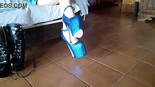 Ankle boots paired with blue very high heels on latina milf stockings